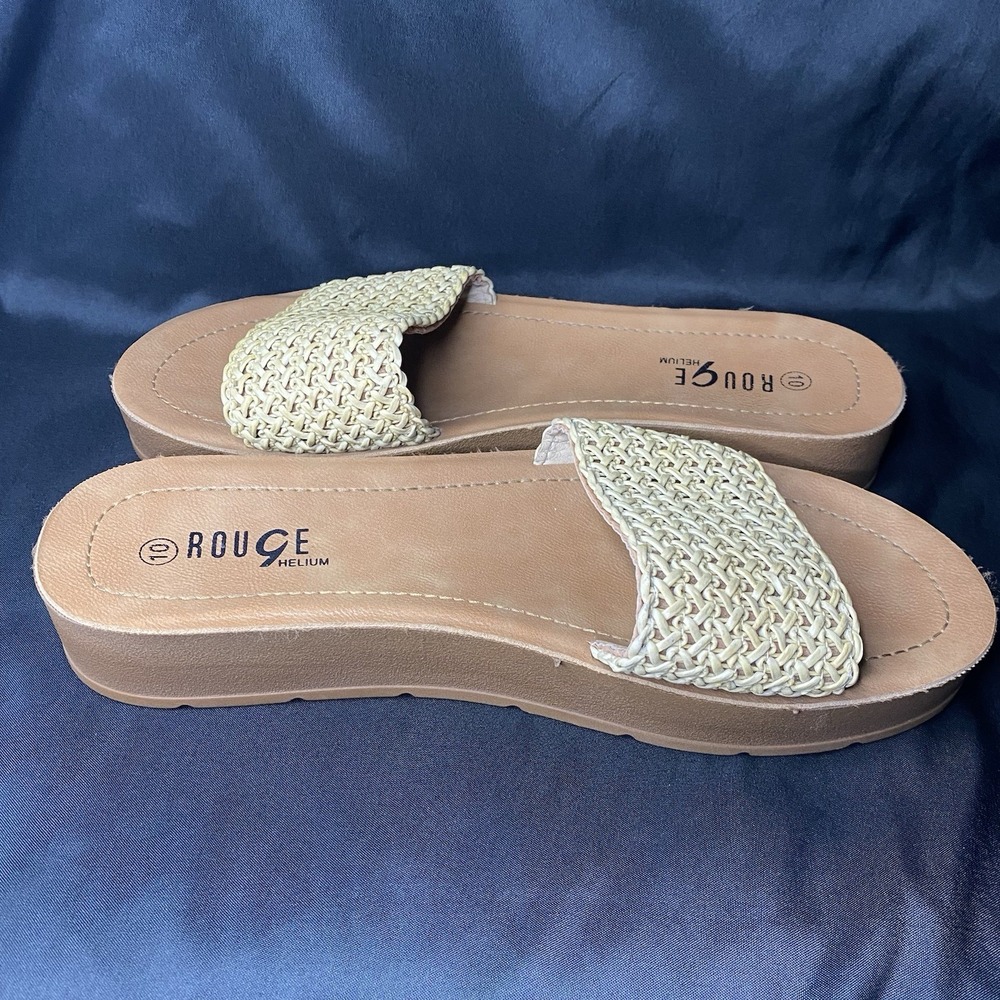 Rouge Helium Woven Raffia Slide Sandals Size 10 Tan Braided Open Toe - Picture 7 of 10